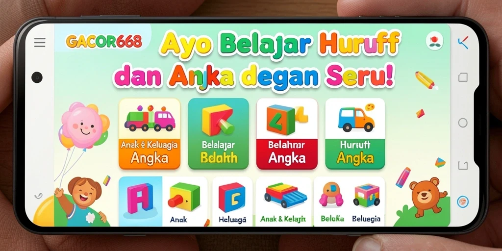 Tampilan layar utama GACOR668 dengan permainan belajar huruf dan angka.